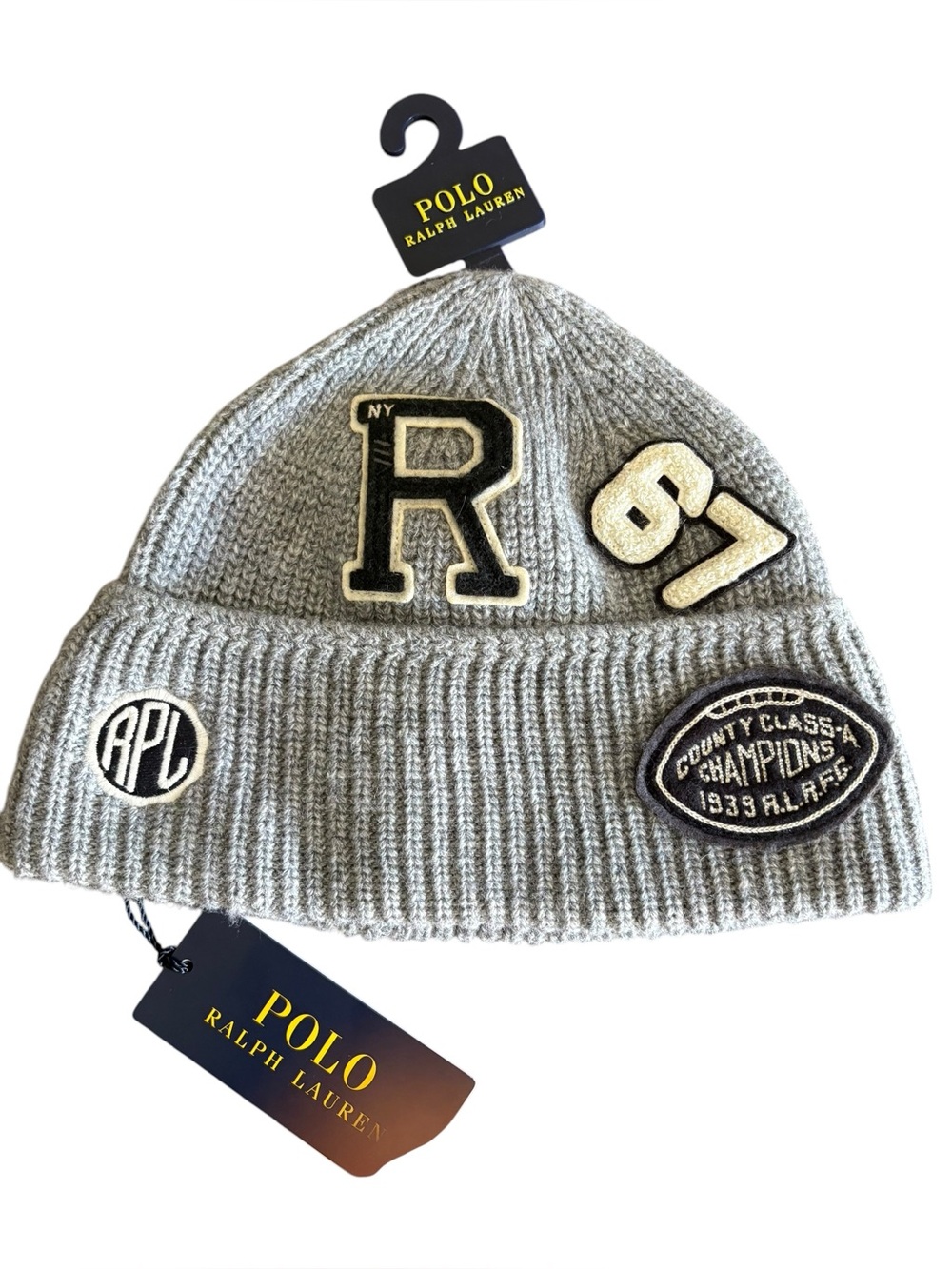 Men’s Polo Ralph Lauren Gray Knit Beanie 4 Labels 67 Series OS